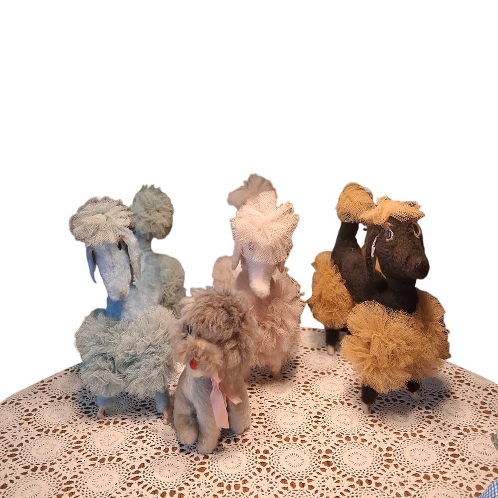 Vintage hand made ? Poodle lot of 4 tulle plush wire posable pink blue brown